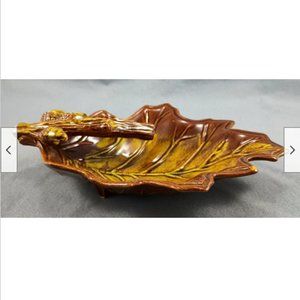 Oak Leaf Acorn Ceramic Snack Nut Candy Ash Tray Serving Dish Brown Glaze 1951